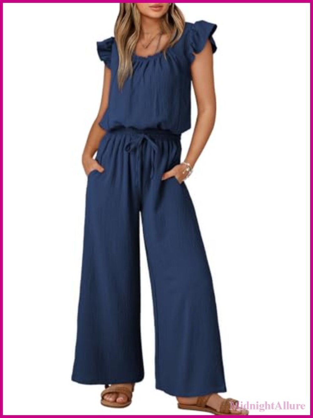 Women's Square Neck Ruffle Sleeve Jumpsuit Wide Leg Drawstring Pockets